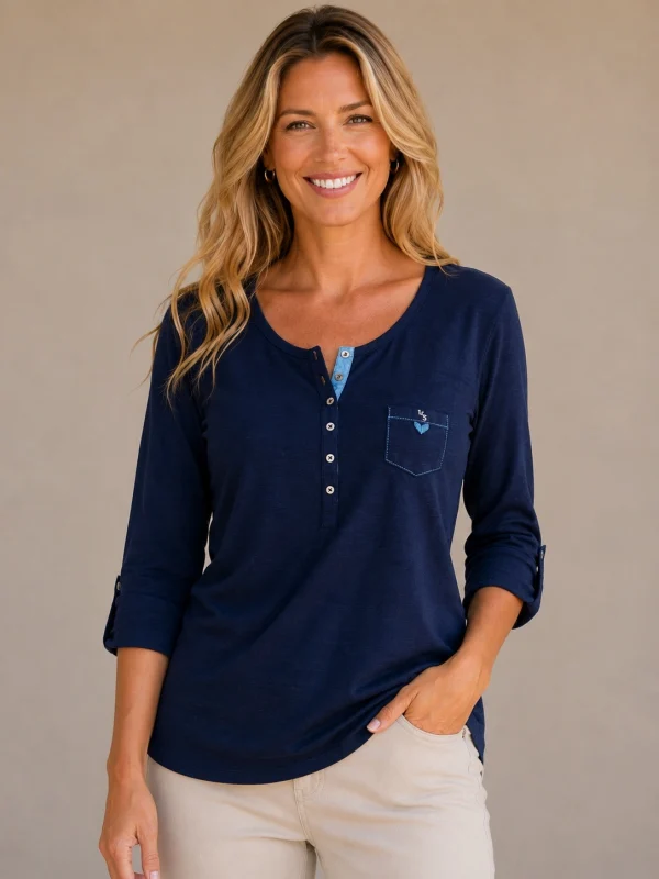 KAV26103-01-front Kalisson navy cotton long sleeve top with relaxed fit