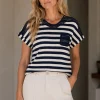 Kalisson navy and white stripe knit top with short sleeves and textured knit detail ﻿