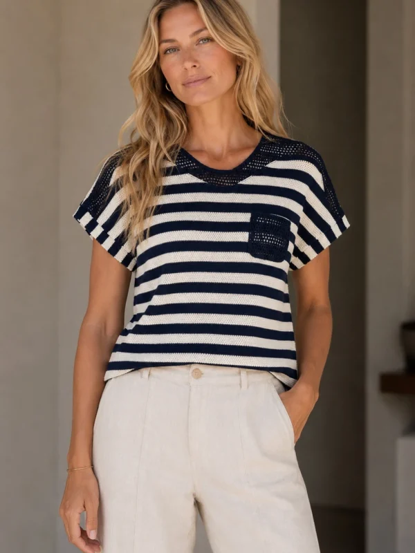 KAV26109_M1_1 Kalisson navy and white stripe knit top with short sleeves and textured knit detail 