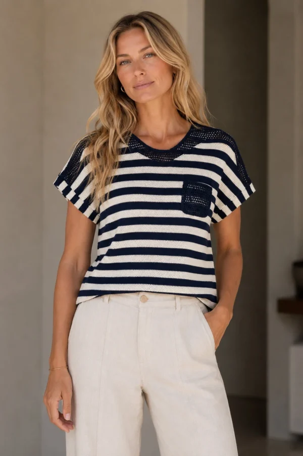 Kalisson navy and white stripe knit top with short sleeves and textured knit detail ﻿