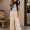 Kalisson navy and white stripe knit top with short sleeves and textured knit detail