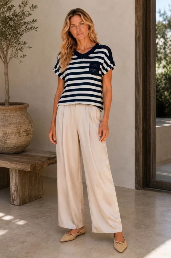 Kalisson navy and white stripe knit top with short sleeves and textured knit detail