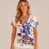 KAV26112-03-front Kalisson printed cotton V-neck top with artistic floral design