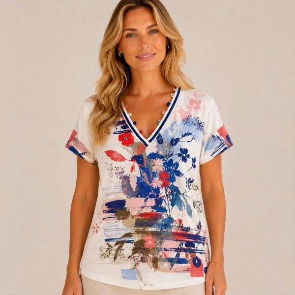 KAV26112-03-front Kalisson printed cotton V-neck top with artistic floral design