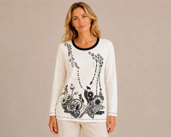 KAV261262-01-front Kalisson cream printed long sleeve cotton top with black floral artwork
