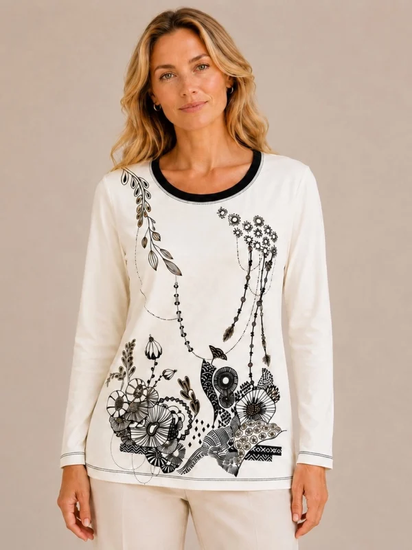 KAV261262-01-front Kalisson cream printed long sleeve cotton top with black floral artwork