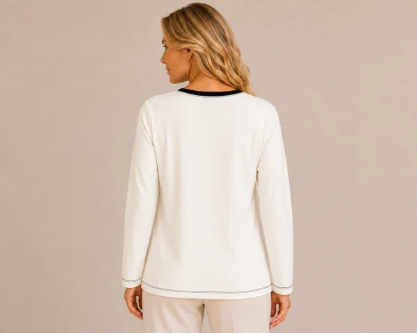 KAV261262-02-back Kalisson cream printed long sleeve cotton top with black floral artwork