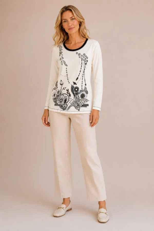 KAV261262-03-full-body Kalisson cream printed long sleeve cotton top with black floral artwork