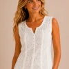 KAV26135-01-front-upperbody Kalisson white lace sleeveless top with khaki linen trousers