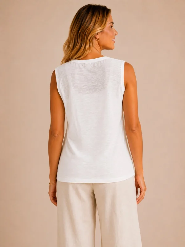 KAV26135-02-back-upperbody Kalisson white lace sleeveless top with khaki linen trousers