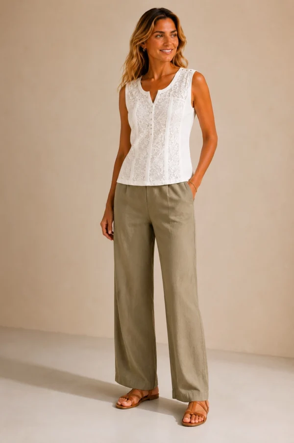KAV26135-03-fullbody-khaki Kalisson white lace sleeveless top with khaki linen trousers