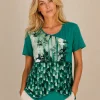 KAV26138-01-upperbody Kalisson green printed cotton top with short sleeves and artistic abstract pattern