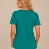 KAV26138-02-back Kalisson green printed cotton top with short sleeves and artistic abstract pattern
