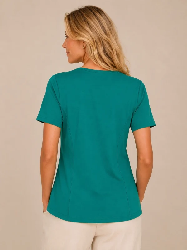 KAV26138-02-back Kalisson green printed cotton top with short sleeves and artistic abstract pattern