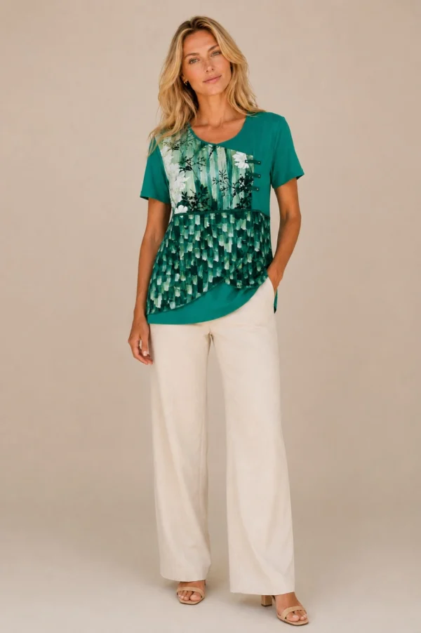 KAV26138-03-full-body Kalisson green printed cotton top with short sleeves and artistic abstract pattern