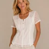 KAV26140-01-front Kalisson white textured cotton top with sheer sleeves