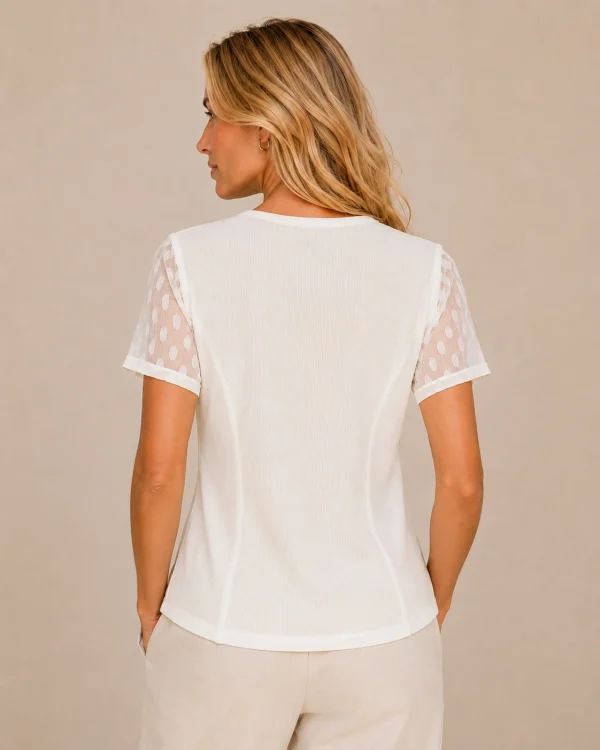 KAV26140-02-back Kalisson white textured cotton top with sheer sleeves