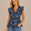 KAV26142-01-front Kalisson blue floral ruffle top with lightweight feminine silhouette