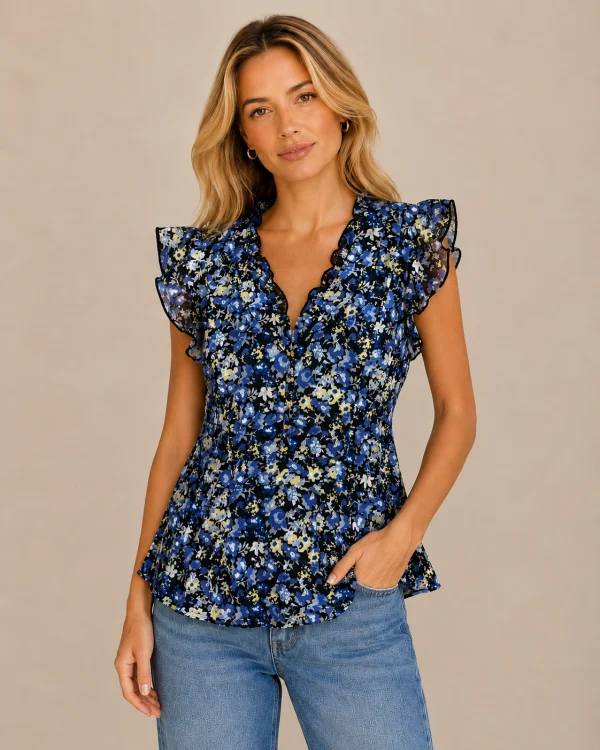 KAV26142-01-front Kalisson blue floral ruffle top with lightweight feminine silhouette