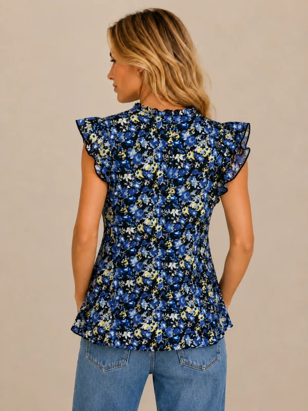 KAV26142-02-back Kalisson blue floral ruffle top with lightweight feminine silhouette
