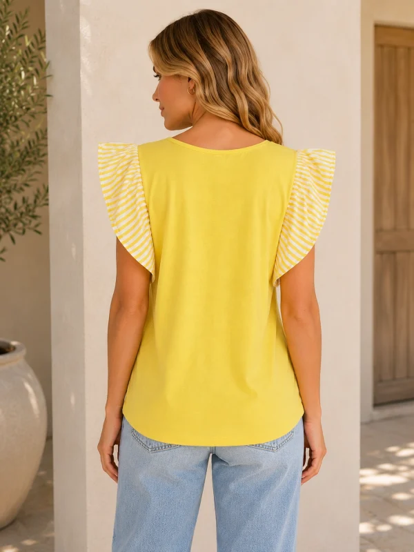 KAV26144-02-back Kalisson yellow floral summer top with striped sleeve details