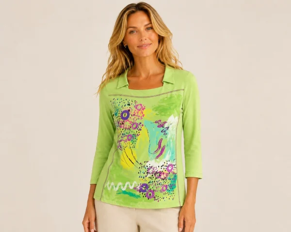 KAV26151-01-front Kalisson green printed long sleeve cotton top with abstract artwork
