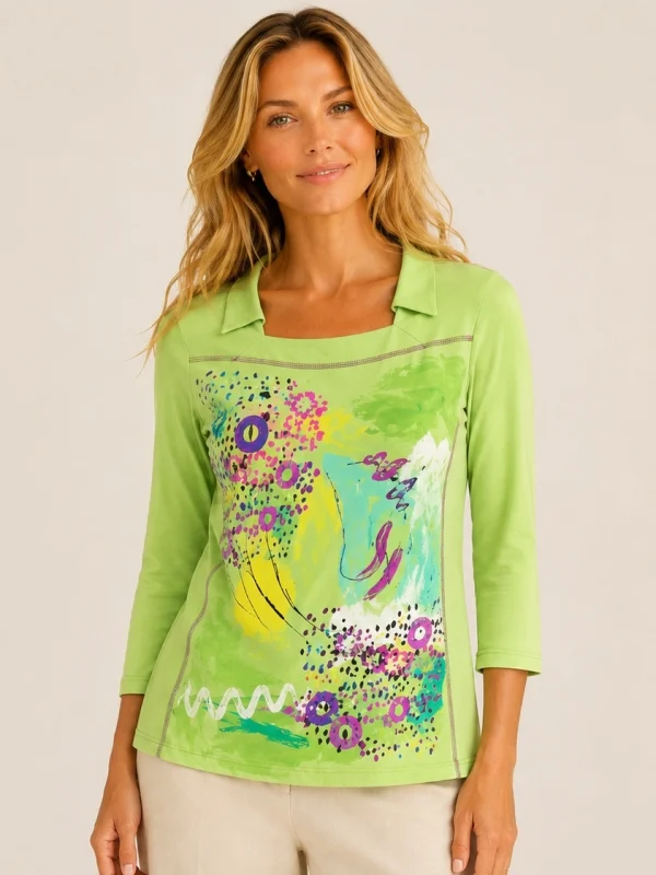KAV26151-01-front Kalisson green printed long sleeve cotton top with abstract artwork