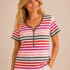 KAV26158-01-front Kalisson pink grey striped cotton top with short sleeves and decorative neckline