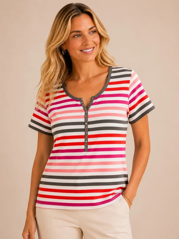 KAV26158-01-front Kalisson pink grey striped cotton top with short sleeves and decorative neckline