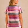 KAV26158-02-back Kalisson pink grey striped cotton top with short sleeves and decorative neckline