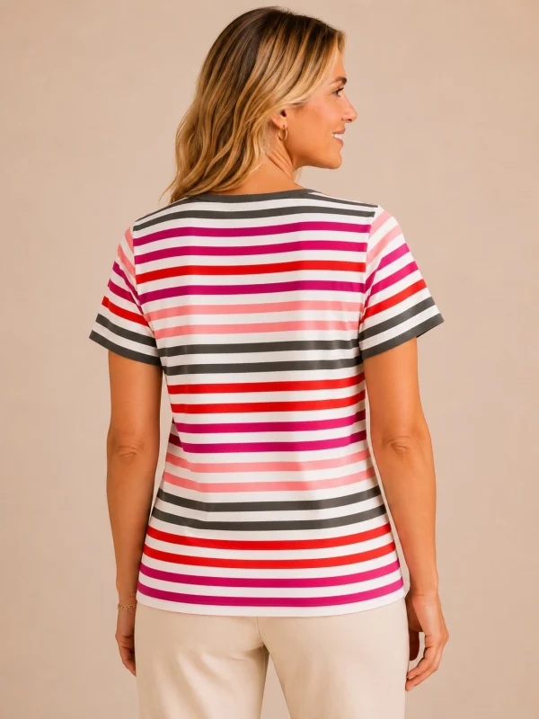 KAV26158-02-back Kalisson pink grey striped cotton top with short sleeves and decorative neckline