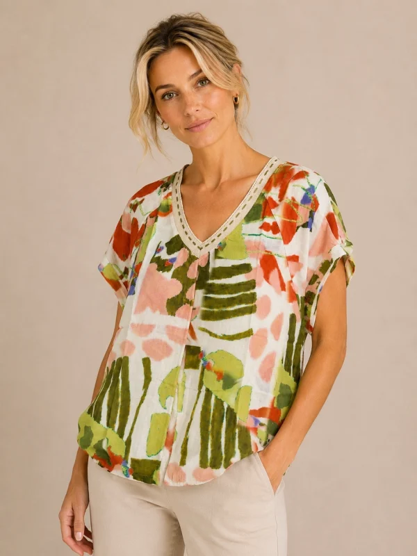 KAV2622-01-front-34 Kalisson abstract print viscose blouse with colourful artistic pattern