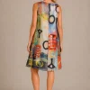 Kalisson colourful abstract print sleeveless knee length dress