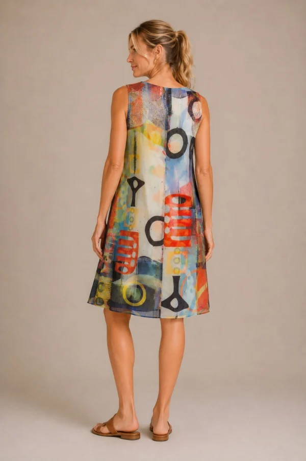 Kalisson colourful abstract print sleeveless knee length dress