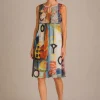 Kalisson colourful abstract print sleeveless knee length dress