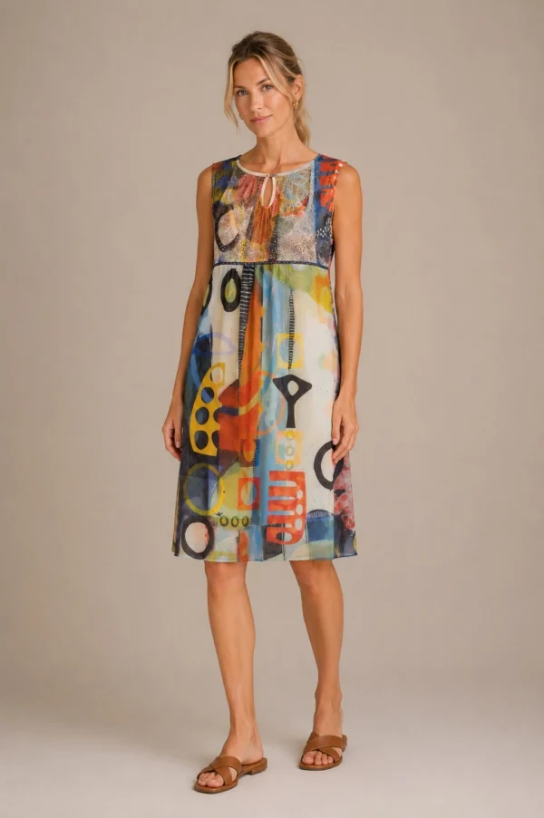 Kalisson colourful abstract print sleeveless knee length dress