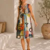 Kalisson colourful abstract print sleeveless knee length dress