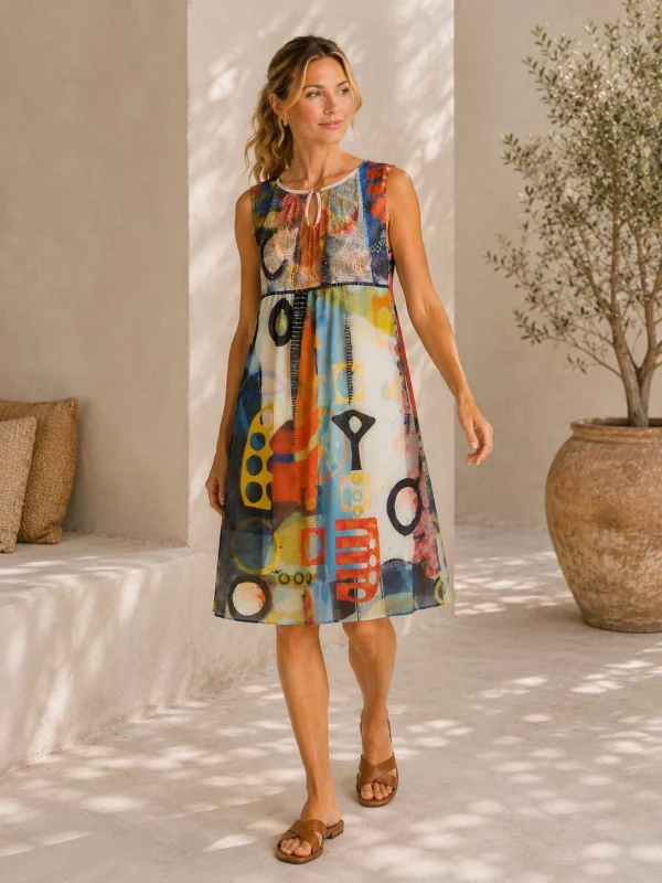 Kalisson colourful abstract print sleeveless knee length dress
