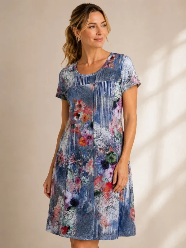KAV2630-01-upperbody Kalisson blue floral cotton knee length dress