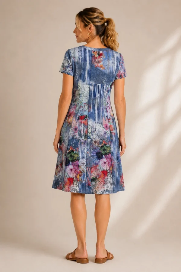 Kalisson blue floral cotton knee length dress