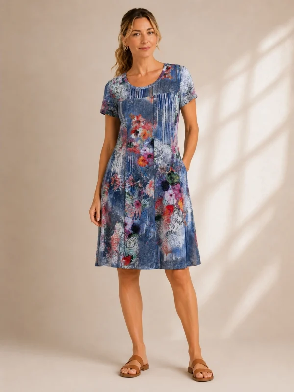 Kalisson blue floral cotton knee length dress