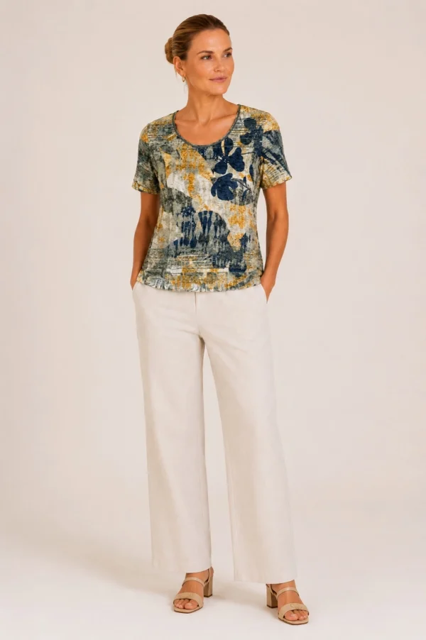 Kalisson printed top blue mustard KAV2637