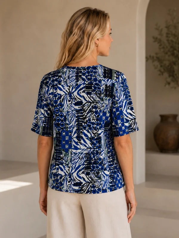 KAV2644-02-back Kalisson blue abstract print short sleeve blouse