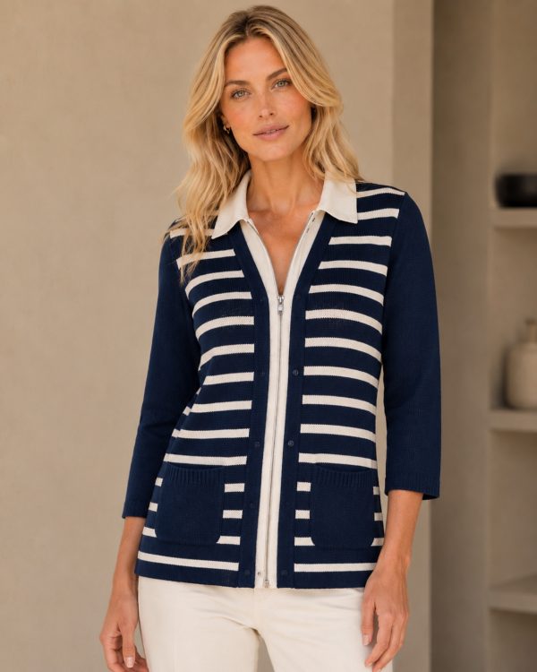 KAV2667-1-front-ecommerce Kalisson Navy Stripe Knit Cardigan with Zip Detail