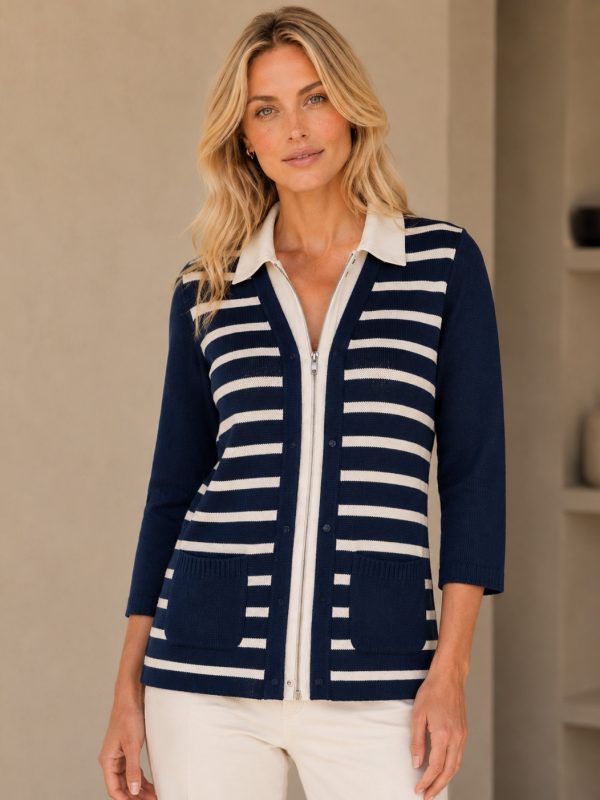 KAV2667-1-front-ecommerce Kalisson Navy Stripe Knit Cardigan with Zip Detail