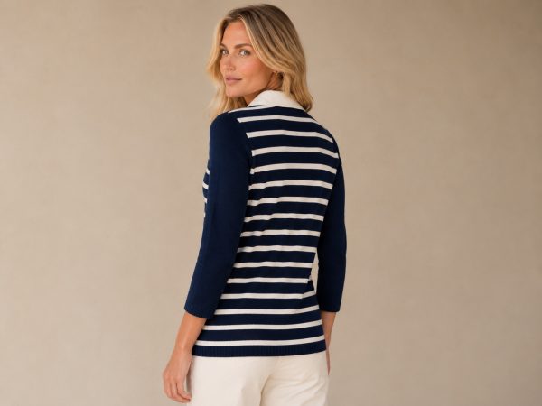 KAV2667-2-back-ecommerce Kalisson Navy Stripe Knit Cardigan with Zip Detail
