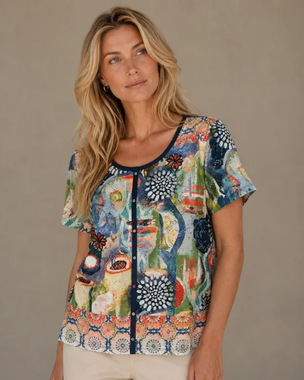 KAV2679-01-front-xxl Kalisson Abstract Print Short Sleeve Blouse