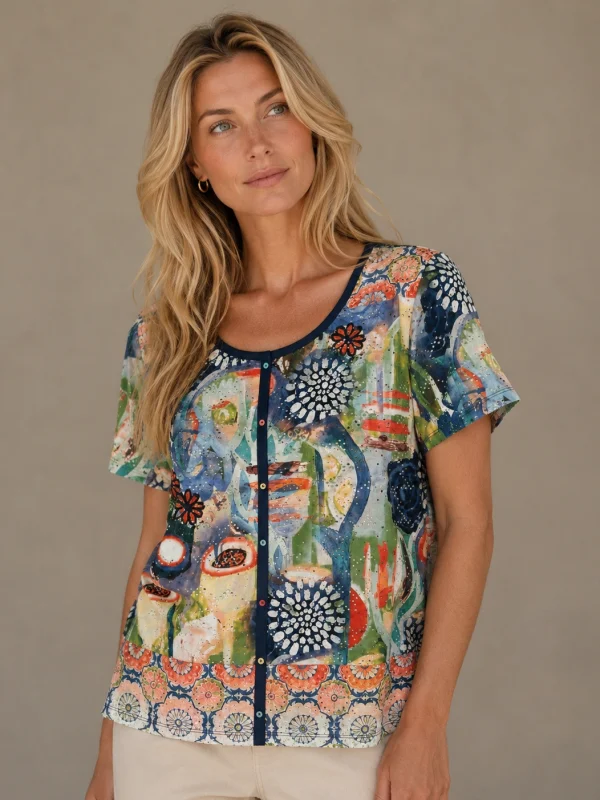KAV2679-01-front-xxl Kalisson Abstract Print Short Sleeve Blouse