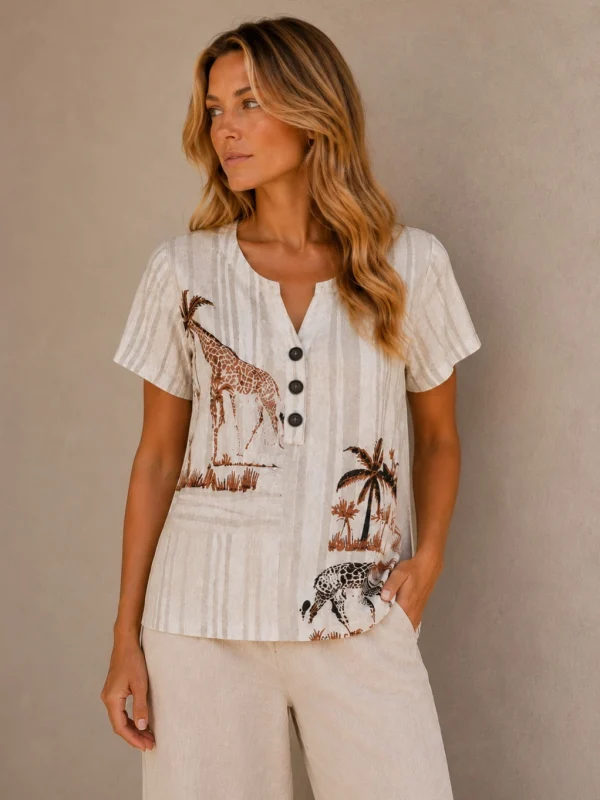KAV2681-01-front-upperbody Kalisson Safari Print Short Sleeve Top
