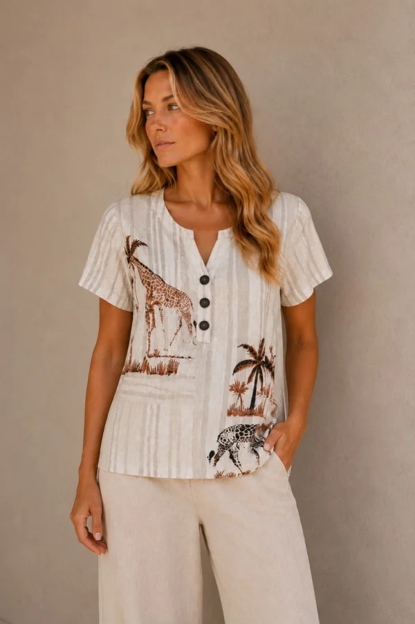 KAV2681-01-front-upperbody Kalisson Safari Print Short Sleeve Top